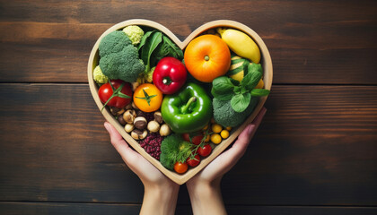 A colorful and healthy assortment of fruits and vegetables arranged in the shape of a heart