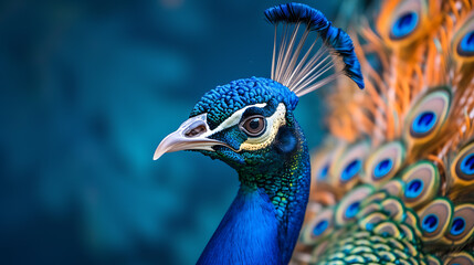 Wall Mural - A majestic peacock displaying vibrant feathers against a deep royal blue backdrop.