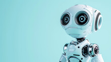 A Cute And Helpful Robot With Expressive Large Eyes Set Against A Calming Light Blue Background.