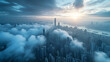 An aerial view of city over the clouds.