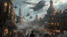 A Bustling Steampunk City With Ornate Victorian Buildings, Where Majestic Airships Traverse The Sky And Billows Of Steam Rise From Intricate Machinery.