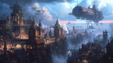Fototapeta Londyn - A grand steampunk city rises with elaborate Victorian architecture, where airships gracefully glide amidst skies filled with steam.