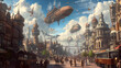 Immerse in a whimsical steampunk city boasting captivating Victorian architecture, where majestic airships grace the sky while the enchanting sound of steam fills the streets.