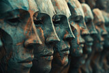 Fototapeta  - Dissociative personality disorder concept, multiple personalities, a row of face sculptures 