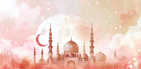 Festive mosque scene with full moon and crescent
