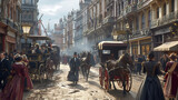 Fototapeta Fototapeta Londyn - A bustling Victorian-era London street illuminated by glowing gas lamps, filled with elegant horse-drawn carriages and the sounds of bustling activity.