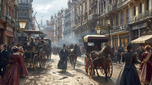 A Bustling Victorian-era London Street Illuminated By Glowing Gas Lamps, Filled With Elegant Horse-drawn Carriages And The Sounds Of Bustling Activity.