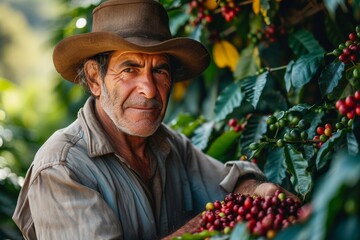 A stylish man savors the sweet aroma of freshly picked coffee beans, his sun hat shielding his face from the warm outdoor sun