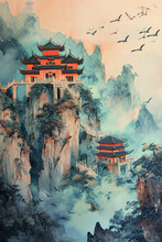Painting Of An Asian Castle And Birds On The Top.