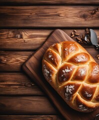 Wall Mural - Bakery Bread on a Wooden Table with copy space, top view

