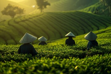 Wall Mural - Workers wearing traditional cone hats harvest tea at dawn