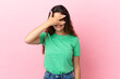Young caucasian woman isolated on pink background covering eyes by hands and smiling