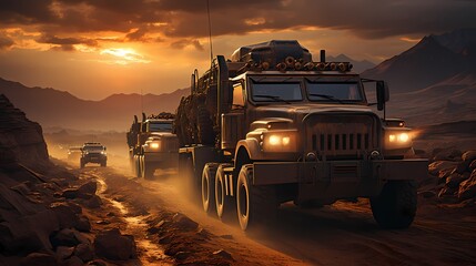 Wall Mural - Military convoy of armored vehicles crossing a desert terrain at sunrise