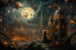 Halloween night landscape with the big yellow moon in the middle, church and people in costumes.