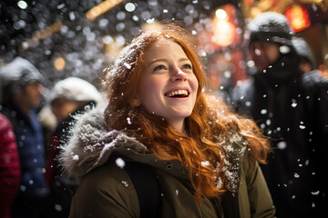 A high resolution photography of a woman in the winter in the middle of the city center.