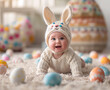 Sweet newborn baby enjoys tummy time in a cozy indoor setting, adorned with an adorable bunny hat and surrounded by colorful easter toys, as their loving human face looks on with joy