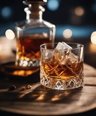 Wall Mural - whisky glass with ice flakes on a wooden barrel and an unbranded, unwritten whisky bottle
