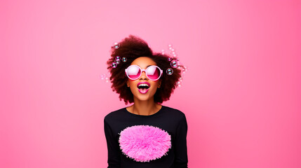 Wall Mural - Portrait of a beautiful young african american woman with afro hairstyle wearing sunglasses and pink pom poms on pink background