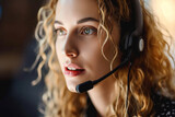 Fototapeta Uliczki - a close-up portrait of a beautiful young woman with blond curly hair working in a call center, receiving a call, she has a headset with a microphone, a marketing and design concept
