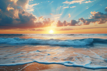 Wall Mural - Sea waves against blue sky, sunset