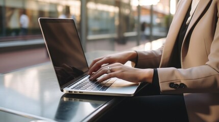 a woman in a beige suit is typing on a laptop at the airport. businessman in the terminal with luggage. work online