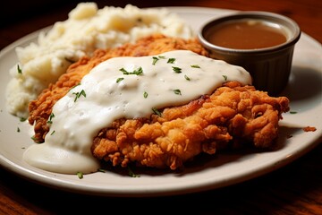 Close-up view of a delicious chicken fried steak with a side of mashed potatoes,  shot to highlight the savory details 