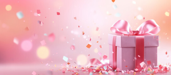 Wall Mural - Surprise Birthday Celebration: Gift Box with Pink Ribbon, Confetti, and Bow on a Bright White Background