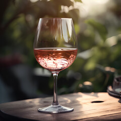 Glass of pink wine on the table outdoors on blurred vineyard background on sunny day