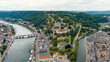 Namur, Belgium. Citadelle de Namur - 10th-century fortress with a park, rebuilt several times. Panorama of the central part of the city. River Meuse. Summer day, Aerial View