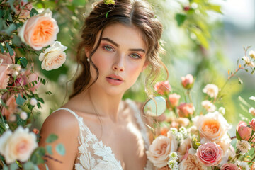 Canvas Print - The bride in a white dress, with delicate accentuated makeup, natural tones and textures; delicate bouquet of roses. On the street, in the garden, during the day