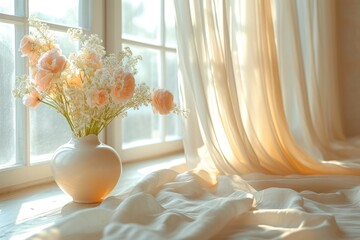 Canvas Print - Soft curtains and fresh flowers create a serene atmosphere in a cozy room during morning light