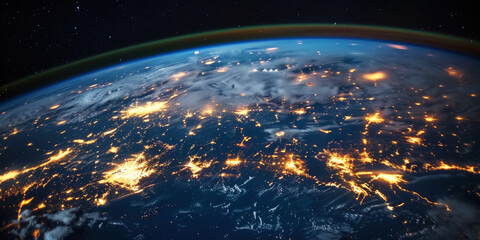 Big city lights view from space. Planet earth globe with night realistic world map. Communication concept. Generative AI