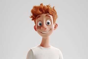 Wall Mural - Happy smiling cartoon character boy kid teenager young man ginger hair person in 3d style on light background. Human people feelings expression concept