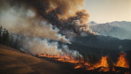 Wall Mural - Forest fire: fire with smoke from the height of a bird flight. Natural disasters and climate change concept.