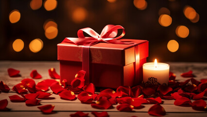 A romantic gift box wrapped in red paper with a bow set in a dreamy atmosphere with rose petals and soft candlelight on wooden background. Love concept