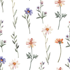 Seamless pattern with delicate watercolor flowers. Hand painted illustration.