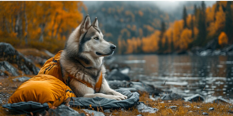 Wall Mural - Amidst nature's beauty, a cute white Husky with expressive eyes enjoys an outdoor adventure.