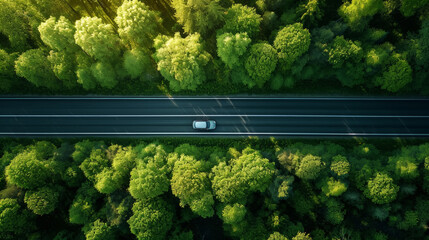 Aerial view of car driving on asphalt highway road in green forest. Sun shine. Travel concept. Generative AI