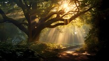 Sunlight Filtering Through The Branches Of A Tree In A Dense And Enchanting Forest