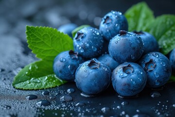 Wall Mural - wet blueberries on a black background