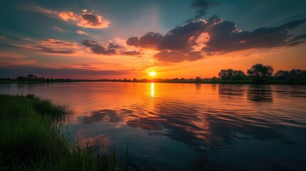 Wall Mural - beautiful landscape with sunset or sunrise dawn or dusk over the peaceful calm still river waters an