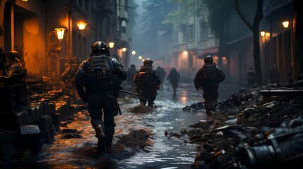Wall Mural - Tactical ground forces engaged in a simulated urban warfare scenario, showcasing modern military infantry equipment