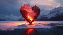 A Frozen Red Heart Standing In Ice Slowly Melting On A Backdrop Of A Snowy Mountains Landscape, Love Concept