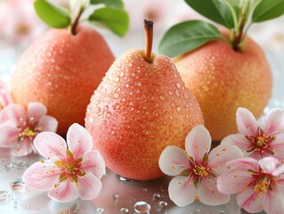 Canvas Print - wet pears with flowers and leaves