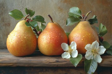 Canvas Print - wet pears with flowers and leaves