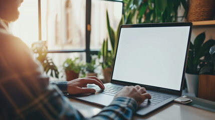 Over shoulder shot of a young man using computer laptop in front of an blank white computer screen in home