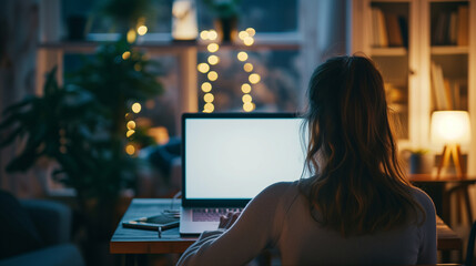 Wall Mural - Over shoulder shot of a young woman using computer laptop in front of an blank white computer screen in home