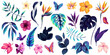 Collection of watercolor palm leaves, tropical flowers and butterflies in vibrant neon colors