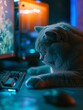 realistic footage of a british shorthair cat caressing a laptop on which she sees swimming fish