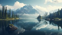 Tranquil Lake Surrounded By Mountains And Reflected In The Calm Water